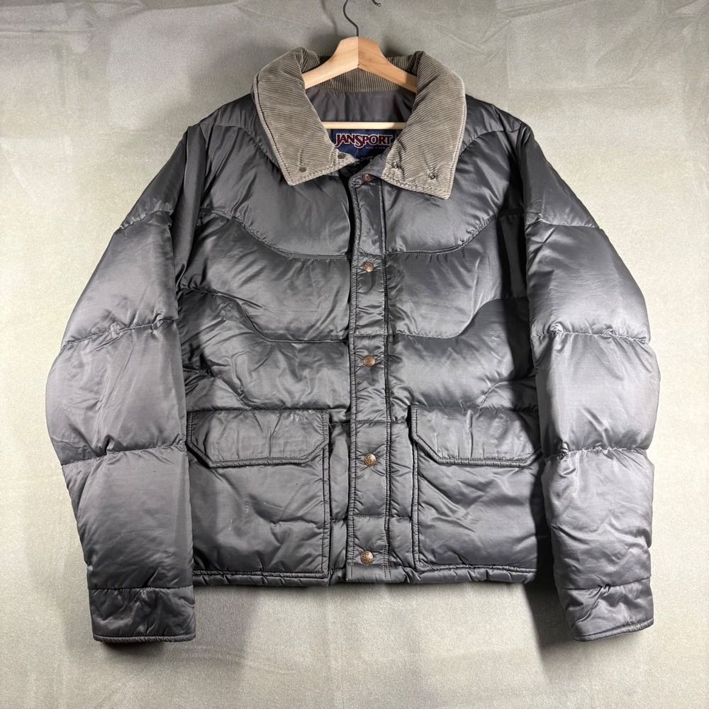 Vintage JanSport Goose Down Puffer Jacket Gray Corduroy Collar 90s Mens Large